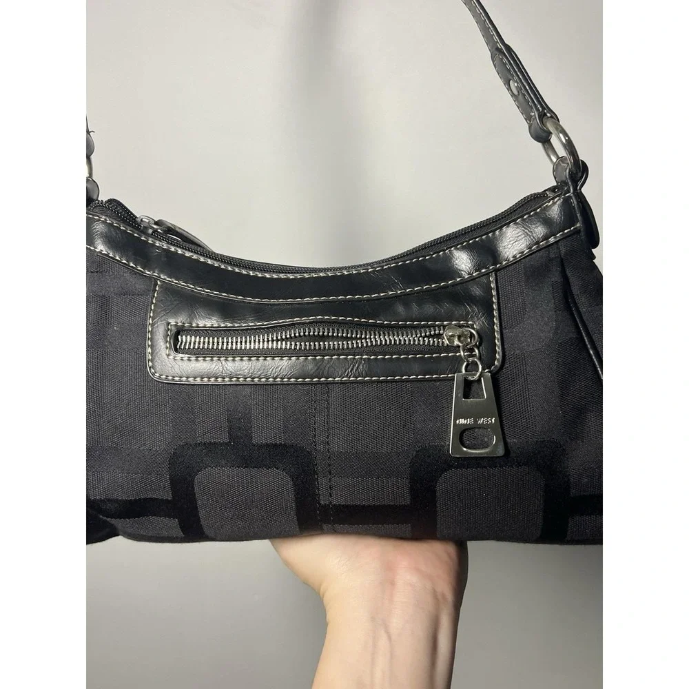 Y2K Nine West Black Canvas Shoulder Bag Purse Zip Top w/Silver Hardware 12x4x4